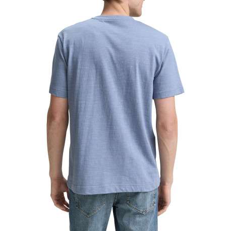 T-shirt en coton bleu imprimé à la poitrine avec de fines rayures et un col rond - Image 2