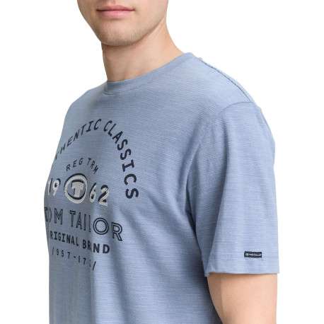 T-shirt en coton bleu imprimé à la poitrine avec de fines rayures et un col rond - Image 3