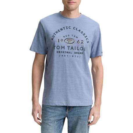 T-shirt en coton bleu imprimé à la poitrine avec de fines rayures et un col rond - Image 4