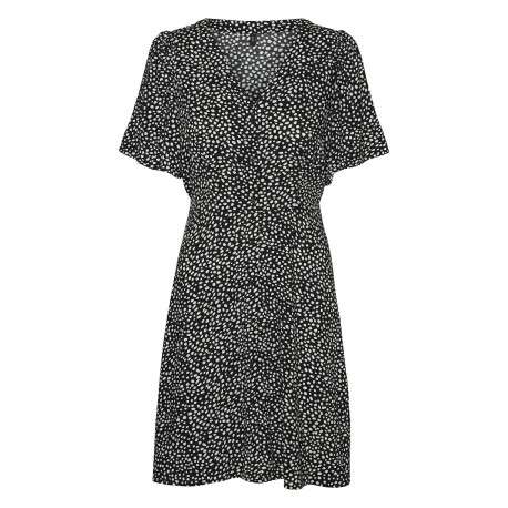 Robe courte noire à pois blancs boutonnée à coupe droite fluide et à col v
