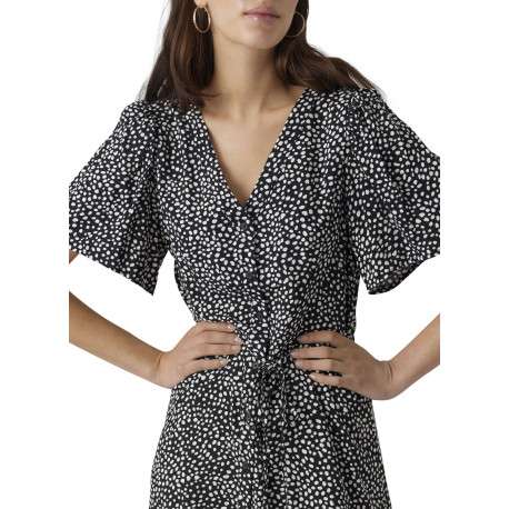 Robe courte noire à pois blancs boutonnée à coupe droite fluide et à col v - Image 3