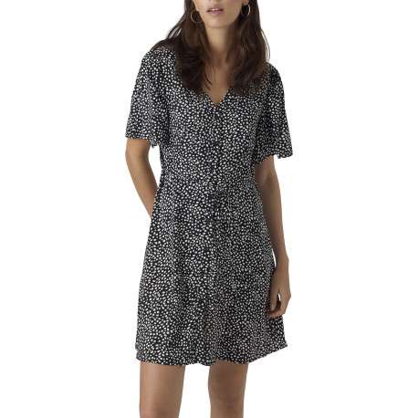 Robe courte noire à pois blancs boutonnée à coupe droite fluide et à col v - Image 4