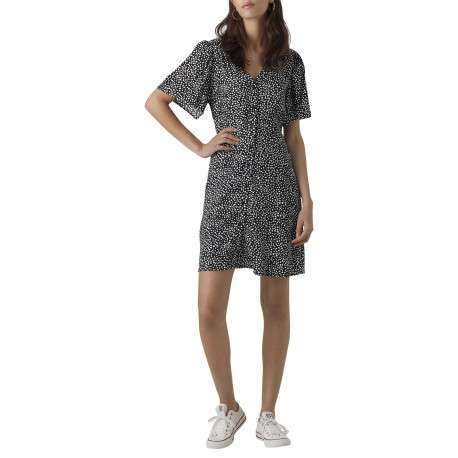Robe courte noire à pois blancs boutonnée à coupe droite fluide et à col v - Image 5