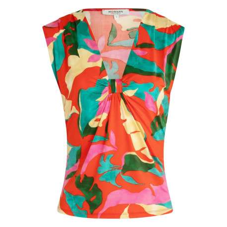 Top sans manches rouge à motifs multicolores avec un col v resserré