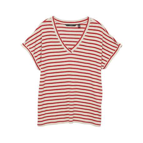 T-shirt blanc rayé avec une coupe droite à col v et des manches courtes