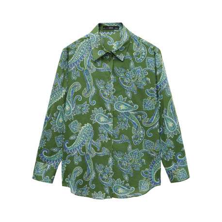 Chemisier en coton vert imprimé avec un col français et une coupe droite