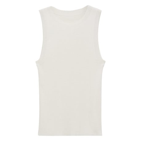 Top beige uni avec une coupe droite à col rond et sans manches