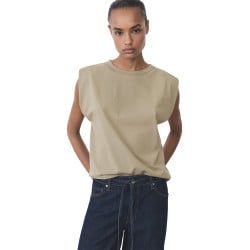 T-shirt en coton kaki uni avec une coupe droite à col rond et sans manches