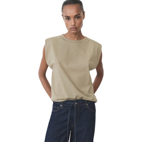 T-shirt en coton kaki uni avec une coupe droite à col rond et sans manches - Image 2