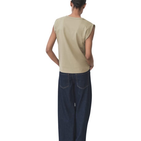 T-shirt en coton kaki uni avec une coupe droite à col rond et sans manches - Image 3