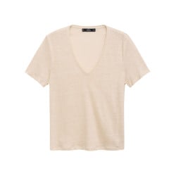 T-shirt en lin beige uni avec une coupe droite à col v et des manches courtes