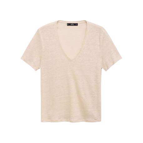 T-shirt en lin beige uni avec une coupe droite à col v et des manches courtes