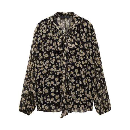 Blouse noire imprimée avec une coupe droite à col rond et des manches longues