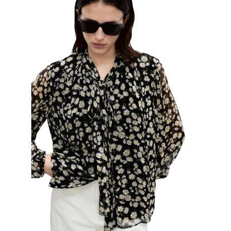 Blouse noire imprimée avec une coupe droite à col rond et des manches longues - Image 2