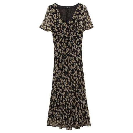 Robe longue noire imprimée avec une coupe droite à col v et des manches courtes