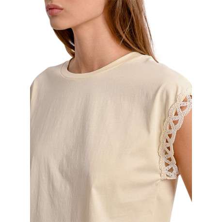 T-shirt manches courtes en coton mélangé écru uni à coupe droite et col rond - Image 7