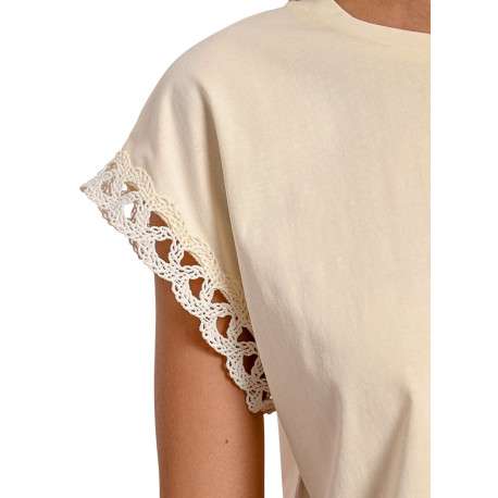 T-shirt manches courtes en coton mélangé écru uni à coupe droite et col rond - Image 8