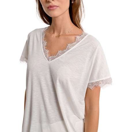 T-shirt blanc uni avec une coupe droite un col v et des manches courtes - Image 5