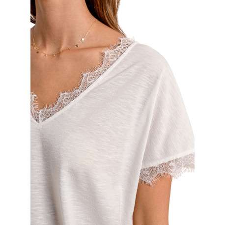 T-shirt blanc uni avec une coupe droite un col v et des manches courtes - Image 8
