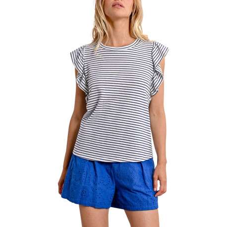 T-shirt blanc rayé avec une coupe droite un col rond et des manches courtes