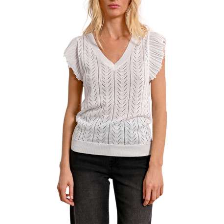 Pull manches courtes blanc en maille ajourée à coupe droite avec un col v
