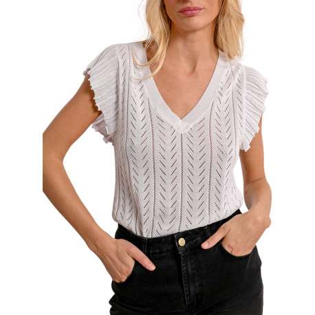 Pull manches courtes blanc en maille ajourée à coupe droite avec un col v - Image 3