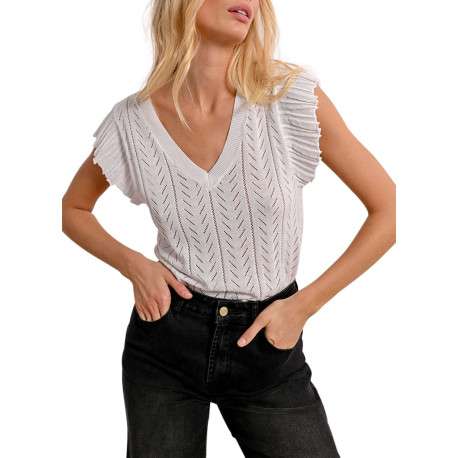 Pull manches courtes blanc en maille ajourée à coupe droite avec un col v - Image 4