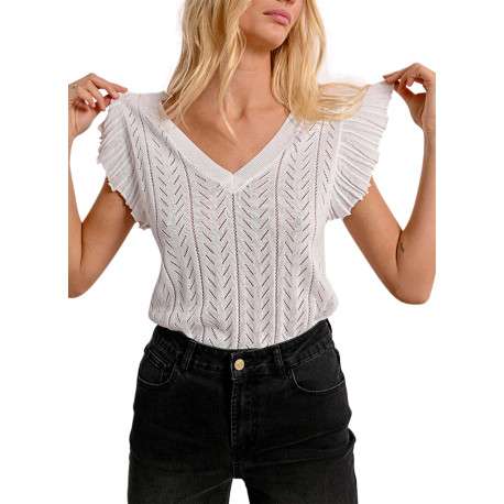 Pull manches courtes blanc en maille ajourée à coupe droite avec un col v - Image 6