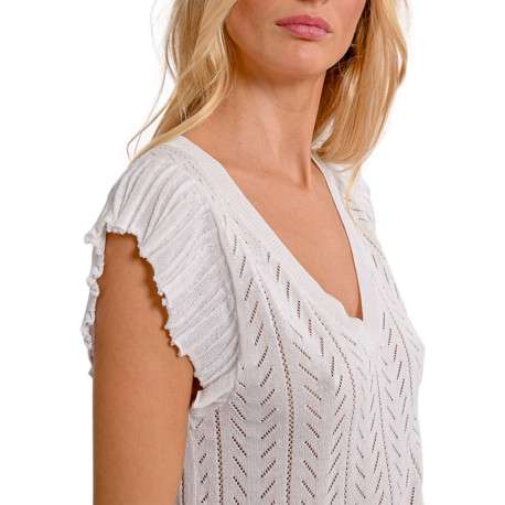 Pull manches courtes blanc en maille ajourée à coupe droite avec un col v - Image 7