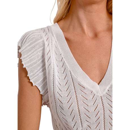 Pull manches courtes blanc en maille ajourée à coupe droite avec un col v - Image 8