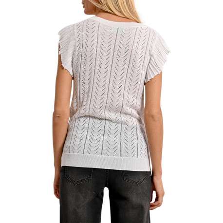 Pull manches courtes blanc en maille ajourée à coupe droite avec un col v - Image 9