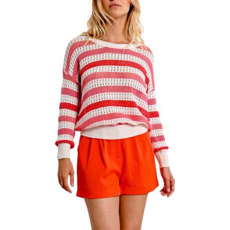 Pull en coton rouge rayé avec une coupe droite et un col rond - Image 2