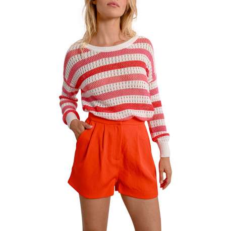 Pull en coton rouge rayé avec une coupe droite et un col rond - Image 4
