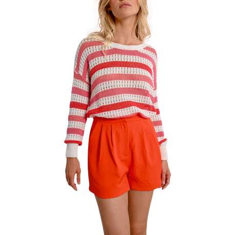 Pull en coton rouge rayé avec une coupe droite et un col rond - Image 5