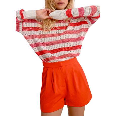 Pull en coton rouge rayé avec une coupe droite et un col rond - Image 6