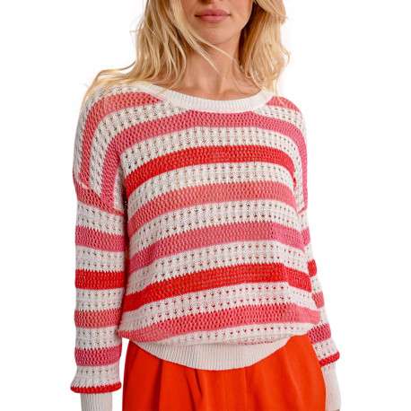 Pull en coton rouge rayé avec une coupe droite et un col rond - Image 8