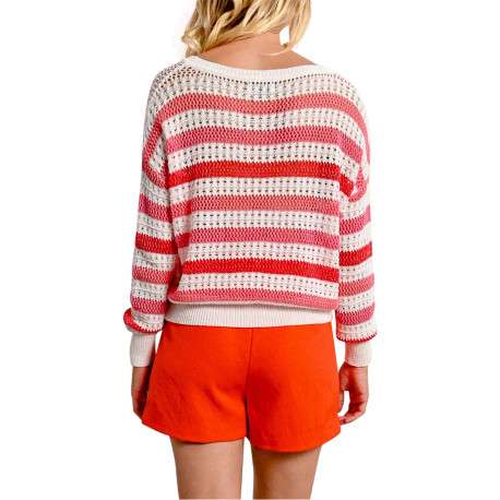 Pull en coton rouge rayé avec une coupe droite et un col rond - Image 9