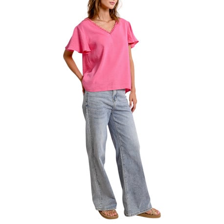 Top rose manches courtes uni avec une coupe droite et un col v - Image 2