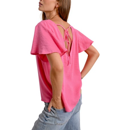 Top rose manches courtes uni avec une coupe droite et un col v - Image 4
