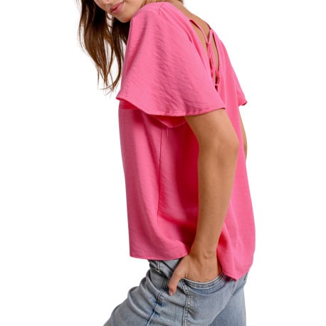 Top rose manches courtes uni avec une coupe droite et un col v - Image 5