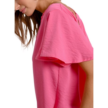 Top rose manches courtes uni avec une coupe droite et un col v - Image 6