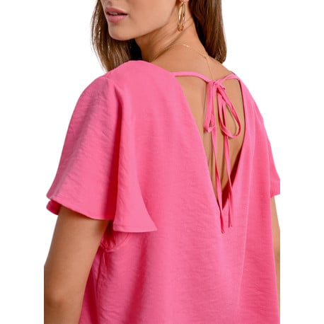 Top rose manches courtes uni avec une coupe droite et un col v - Image 8