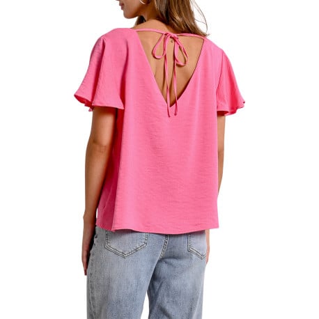 Top rose manches courtes uni avec une coupe droite et un col v - Image 9
