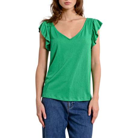 Top manches courtes vert uni avec une coupe droite et un col v