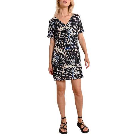 Robe courte noire imprimée avec une coupe un droite col v et des manches courtes