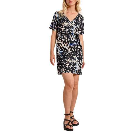 Robe courte noire imprimée avec une coupe un droite col v et des manches courtes - Image 5