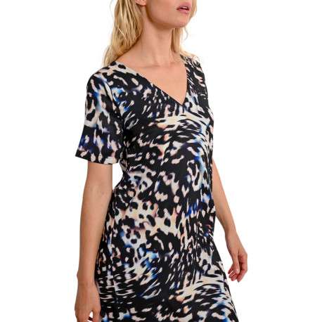 Robe courte noire imprimée avec une coupe un droite col v et des manches courtes - Image 7