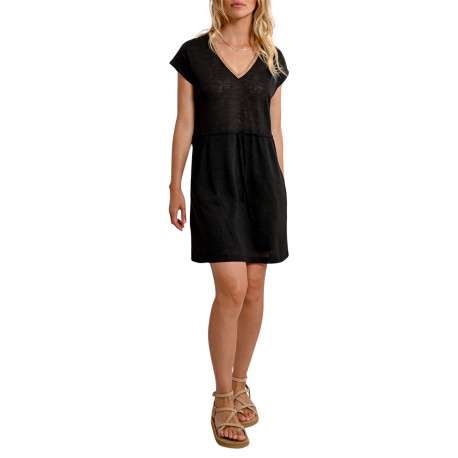 Robe courte noire maille piquée avec une coupe droite et un col v