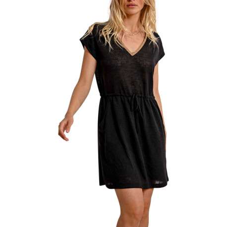 Robe courte noire maille piquée avec une coupe droite et un col v - Image 3