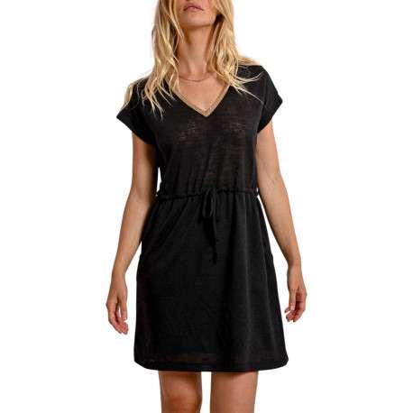 Robe courte noire maille piquée avec une coupe droite et un col v - Image 4